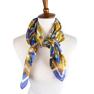 Zara Geometric Abstract Print Satin Square Scarf Yellow Blue Green Neckerchief